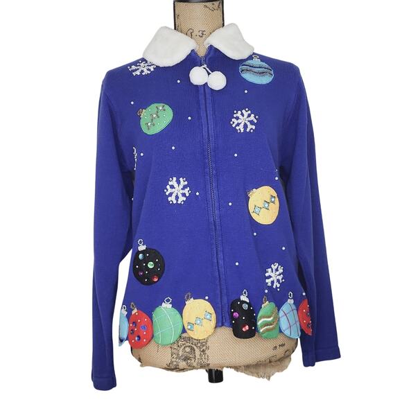 Victoria Jones Snowflakes and Ornaments Removable Collar Zip Cardigan Size Med - Picture 1 of 9